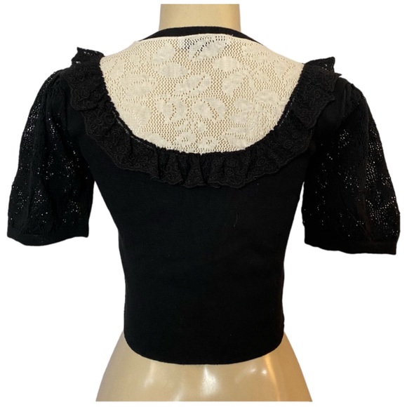 Zara Women's Lace Pointelle Crop Knit Sweater Top Black/Ivory Size Small - Picture 3 of 5